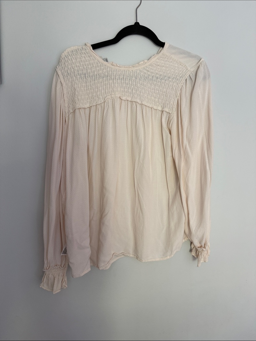 Cream Smocked Long Sleeve Blouse